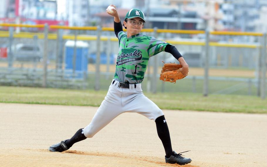 Kubasaki right-hander Nick Adams delivers against Kadena during Wednesday's Okinawa baseball game. Adams got the win, scattering eight hits and striking out five as the Dragons won 8-5.