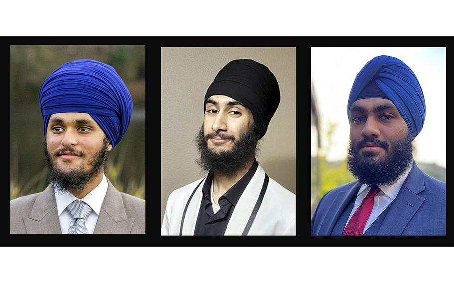 From left: Sikhs Milaap Singh Chahal, Jaskirat Singh and Aekash Singh in August 2022 requested to enter Marine boot camp without shaving their beards or meeting other grooming requirements on religious grounds. An appeals court ruled Friday, Dec. 23, that the Marine Corps cannot force Sikh recruits to against their religious beliefs by shaving their beards.