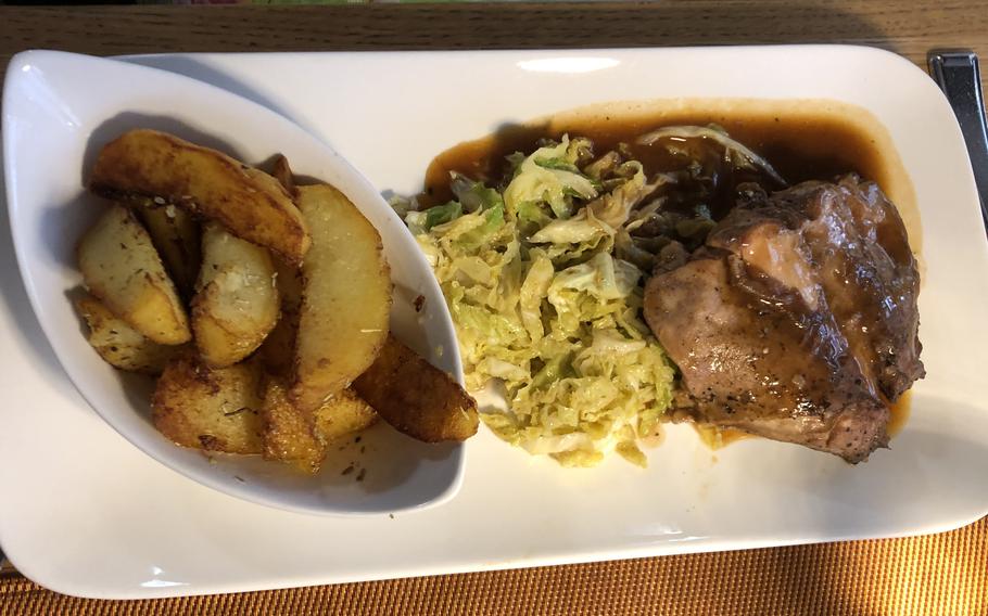 The hasenbraten, or roasted rabbit, with rosemary potatoes at Hotel-Restaurant Barbarossahof in Kaiserslautern, Germany, costs 19.50 euros.