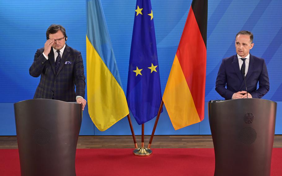 German Foreign Minister Heiko Maas, right, speaks during a joint press conference with Ukraine's Foreign Minister Dmytro Kuleba, in Berlin, Germany, on Wednesday June 9, 2021. 