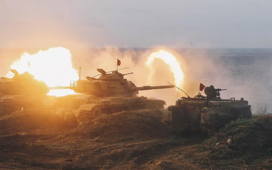 Taiwanese armored units conduct a live-fire drill to deter a coastal landing force during the Han Guang exercise held on the island of Penghu county, Taiwan, Wednesday, Sept. 15, 2021.