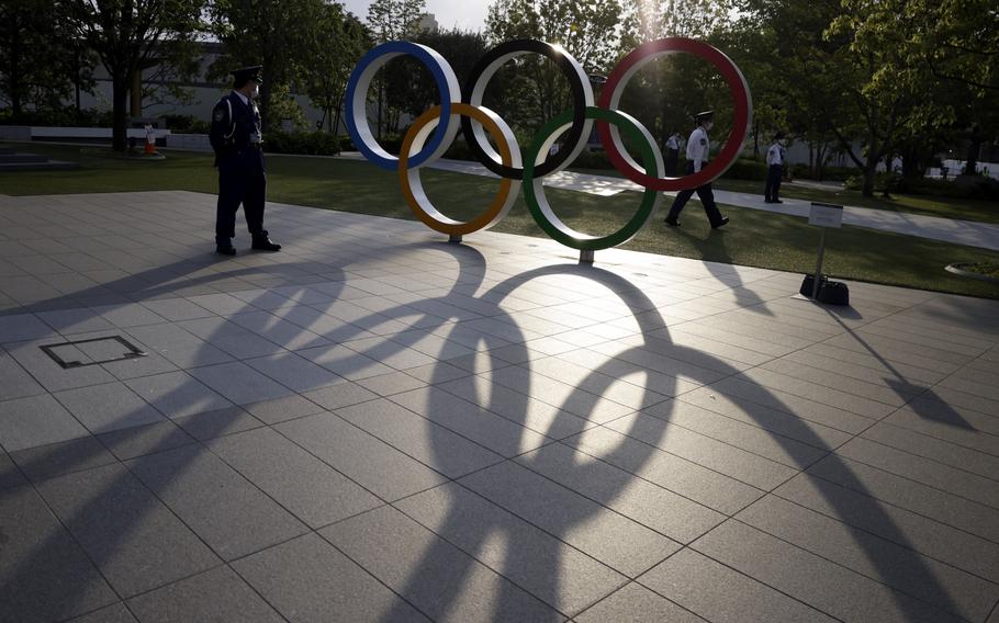 The Olympic rings outside the Japan Olympic Museum in Tokyo on May 9, 2021. 