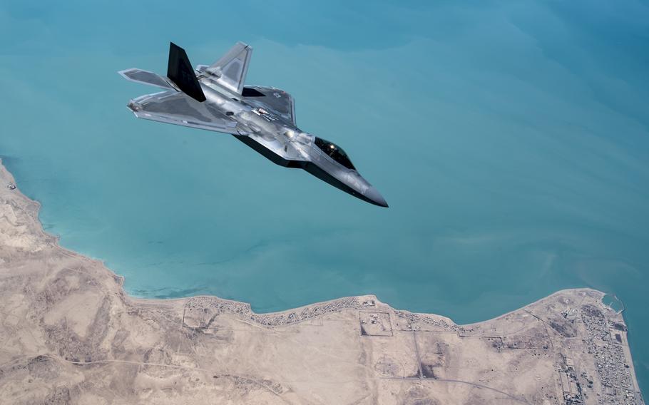 A U.S. F-22 Raptor conducts a combat air patrol mission over an undisclosed location in the Middle East in 2019. On June 14, 2023, U.S. Central Command said F-22s have been deployed to the Middle East following unprofessional actions by Russia's air force in Syria.