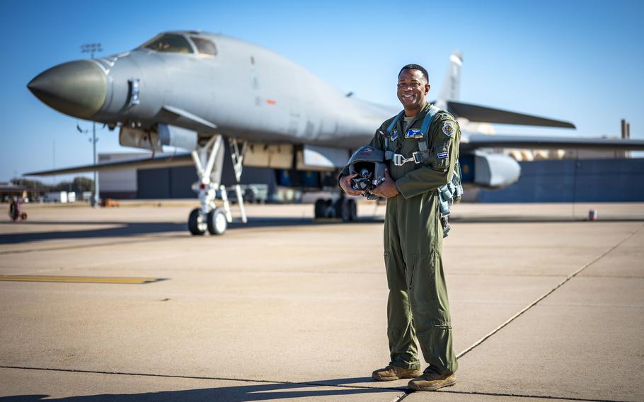 Air Force Lt. Col Brian Milner poses in front of a B-1B Lancer at Dyess Air Force Base, Texas, on Feb. 15, 2023. 