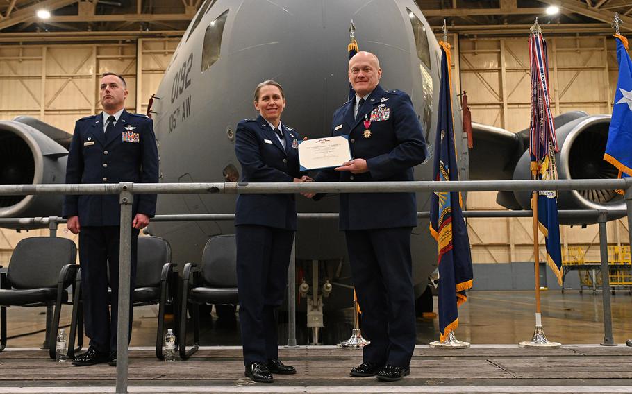 New York Air National Guard Brig. Gen. Gary Charlton is presented a Legion of Merit by Maj. Gen. Denise Donnell at Stewart Air National Guard Base, N.Y., Jan. 6, 2024.