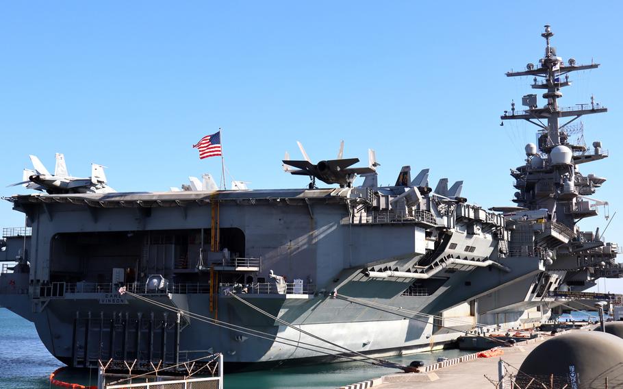 The aircraft carrier USS Carl Vinson aircraft carrier docks in Busan, South Korea, Wednesday, Nov. 22, 2023