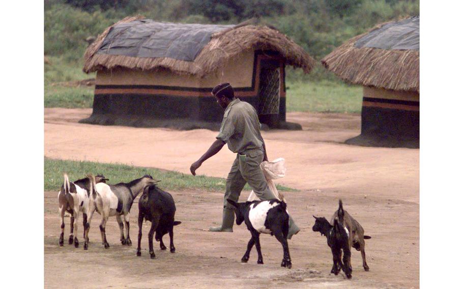 Single soldier housing at the Ugandan training center.  Two Ugandan soldiers share each mud hut.