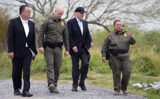 President Joe Biden, second from the right, looks over the southern border on Feb. 29, 2024, in Brownsville, Texas, with, from left to right, Peter Flores, Deputy Commissioner, U.S. Customs and Border Protection, Jason Owens, Chief, U.S. Border Patrol and Gloria Chavez, Sector Chief, U.S. Border Patrol.