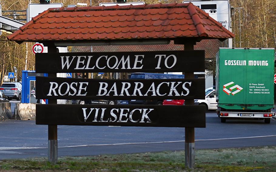 The main entrance gate at Rose Barracks in Vilseck, Germany, is shown March 12, 2024. A soldier from the base is charged with murder in the 2022 death of his infant son.