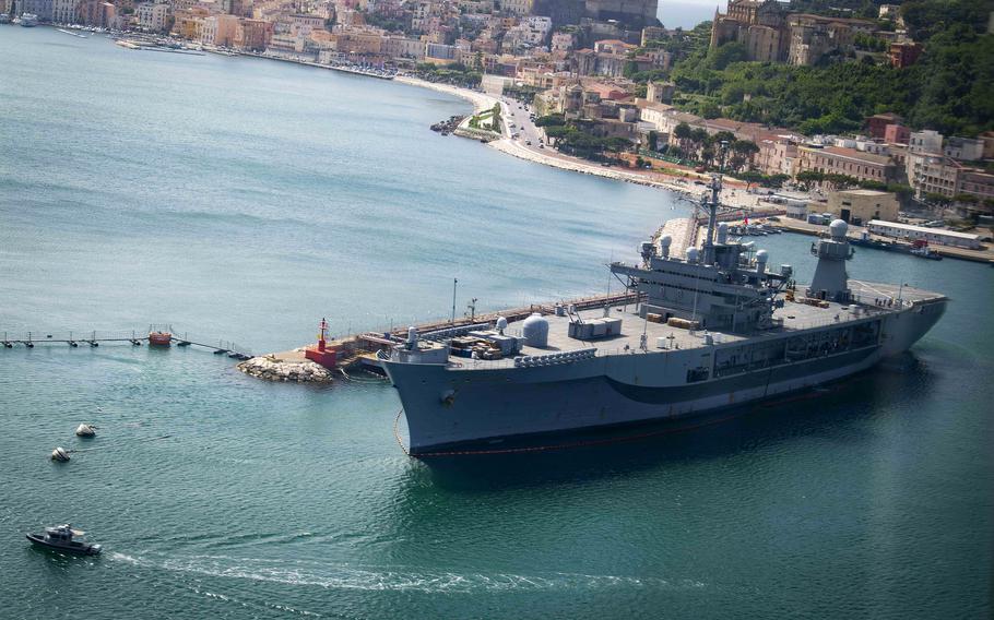 The command and control ship USS Mount Whitney sits in port in Gaeta, Italy, May 15, 2020. The ship will participate in Large Scale Exercise 2021, a global effort reminiscent of Cold War-era exercises.