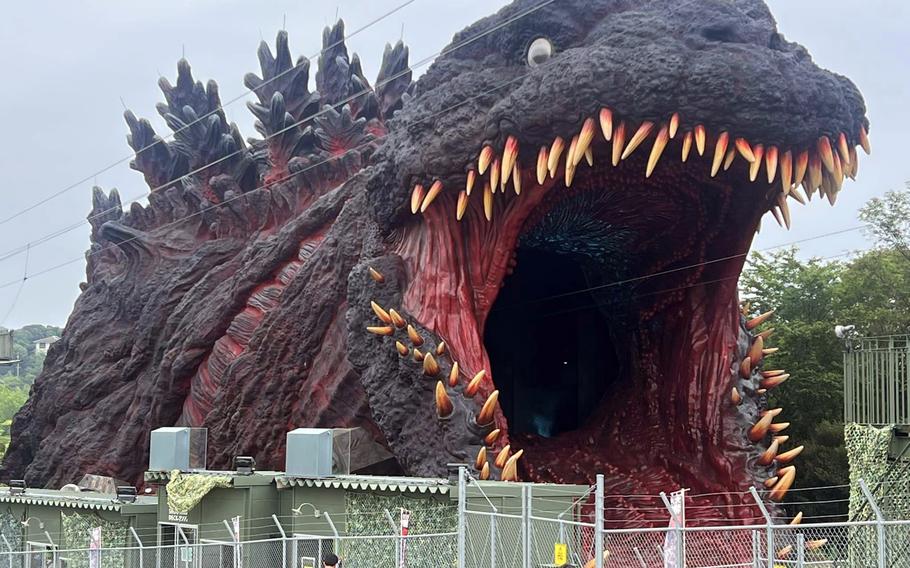 The Godzilla zipline experience at Nijigen No Mori theme park on Awaji Island, Japan, starts with a seven-minute video explaining why the figure stands on the island and what the viewer will soon go through.