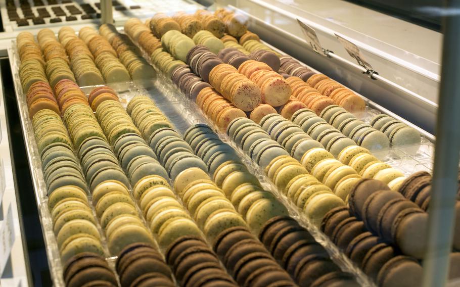 Macaroons make for vivid color in the display case at Isabella Glutenfreie Patisserie in Frankfurt on Sept. 4, 2023.