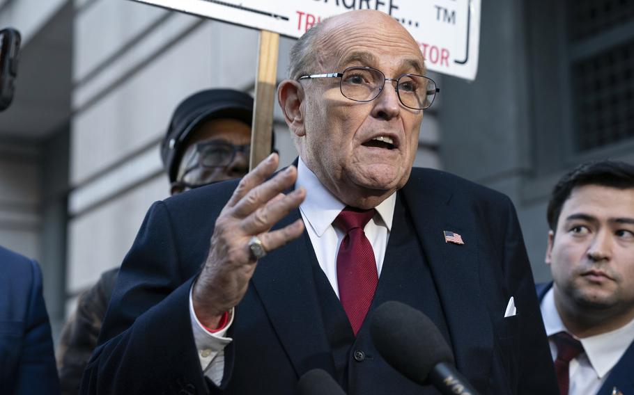 Rudy Giuliani speaks during a news conference outside the federal courthouse in Washington on Dec. 15.