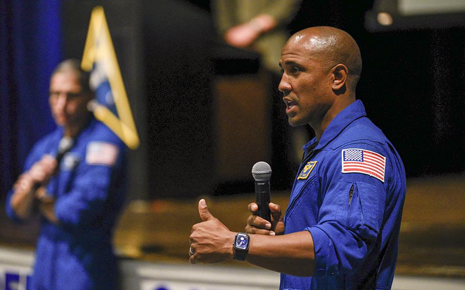 Then-Cmdr. Victor J. Glover, Jr., a NASA astronaut, speaks to guests at Patrick Space Force Base, Fla., on Dec. 9, 2021.