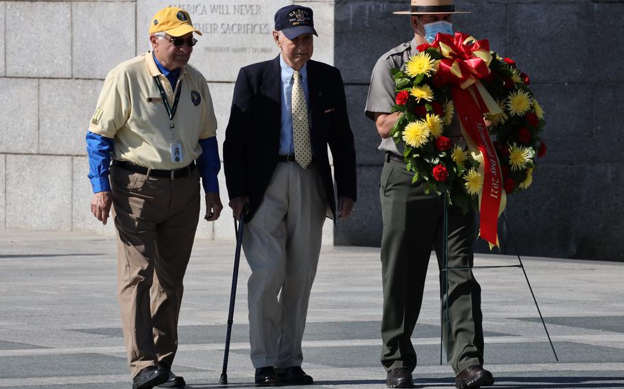 World War II veteran Callan Francis Saffell takes part in a Memorial Day wreath-laying ceremony at the National World War II Memorial in Washington, D.C., May 31, 2021.