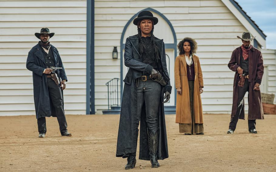 “The Harder They Fall” (left to right) J.T. Holt as Mary’s guard, Regina King As Trudy Smith, Zazie Beetz as Mary Fields, Justin Clarke as Mary’s guard. 