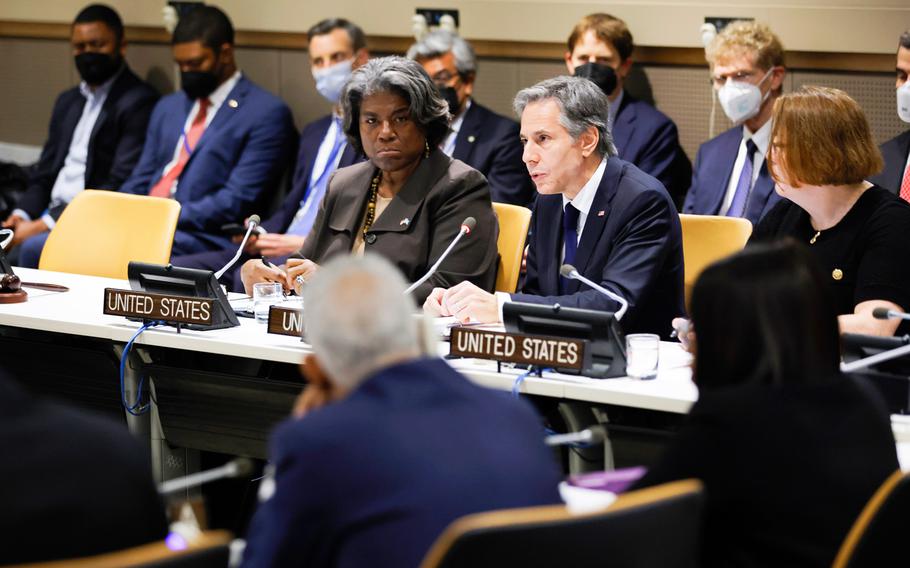 Secretary of State Antony Blinken sits with Linda Thomas-Greenfield, United States ambassador to the United Nations, as they meet with African ministers at United Nations headquarters.