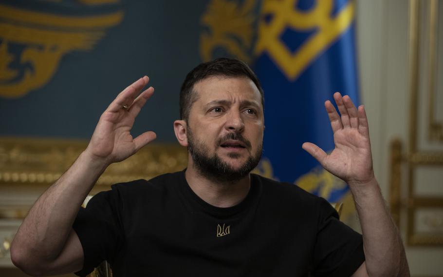 Ukrainian President Volodymyr Zelensky during an interview with The Washington Post at his office in Kyiv, Ukraine, on Aug. 8, 2022.