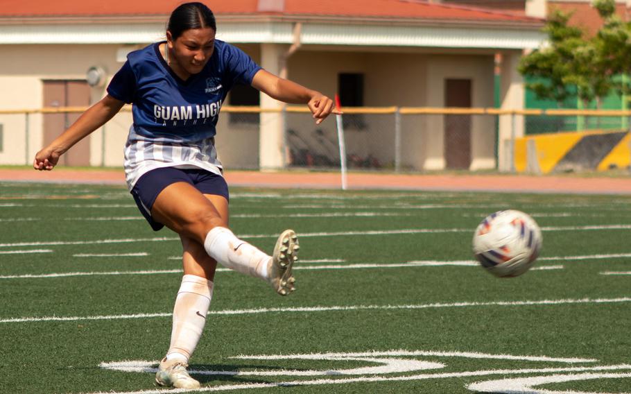 Guam High's Ryley Munoz boots the ball upfield against Kubasaki.
