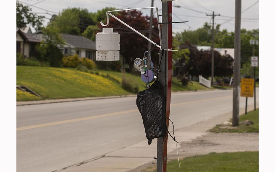 Air-monitoring systems are seen in East Palestine on May 28, 2023.