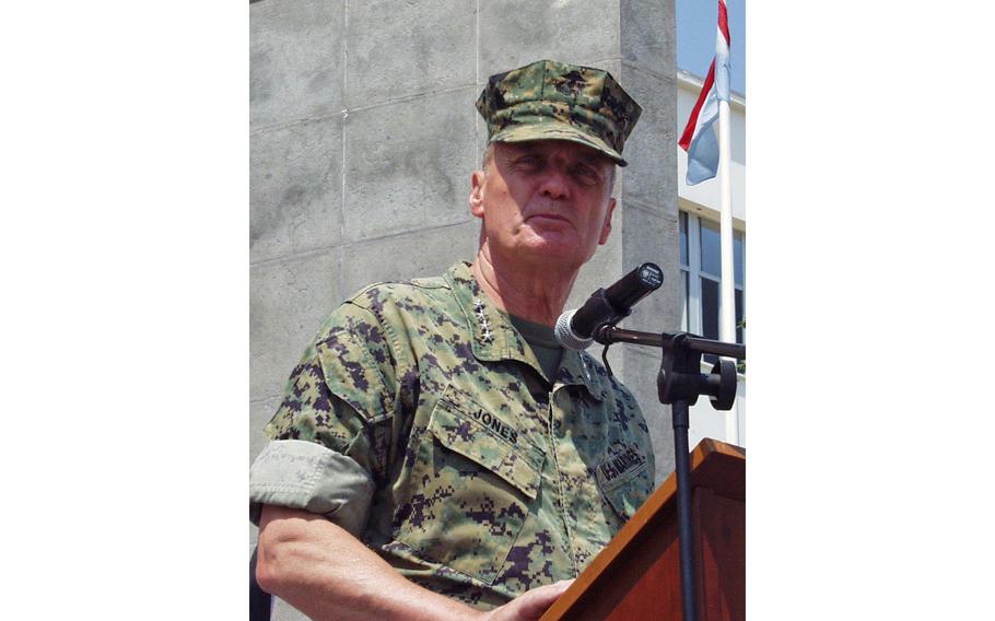 Former Supreme Allied Commander Europe, Marine Gen. James Jones, speaks during a transfer of authority ceremony of NATO’s Response Force in Naples, Italy, in 2005. Saudi Arabia’s paid advisers have included Jones, now retired, a national security adviser to President Barack Obama.