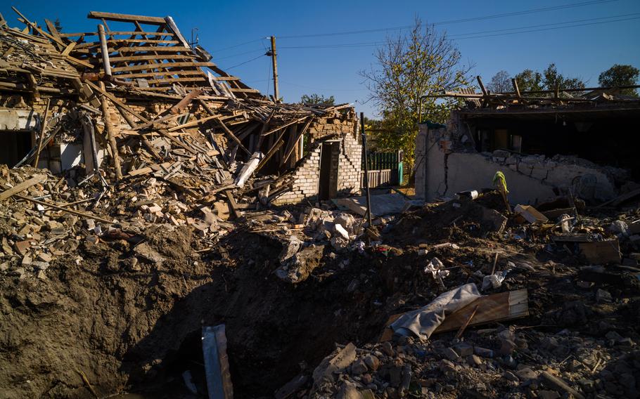 A house destroyed by Russian shelling in Lezhyne near Zaporizhzhia, Ukraine, on Oct. 12, 2022.