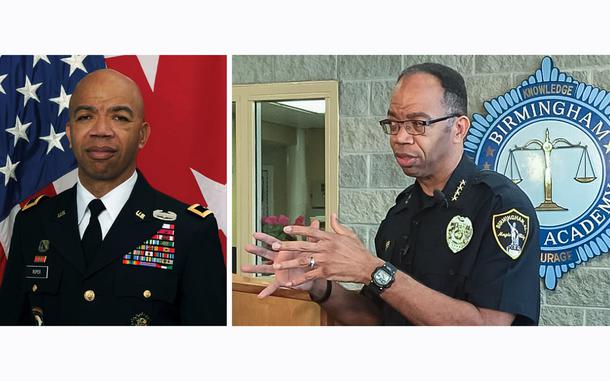 Army Reserve Lt. Gen. A.C. Roper is seen in his military uniform, left, and as Birmingham’s police chief from 2007 until 2018.