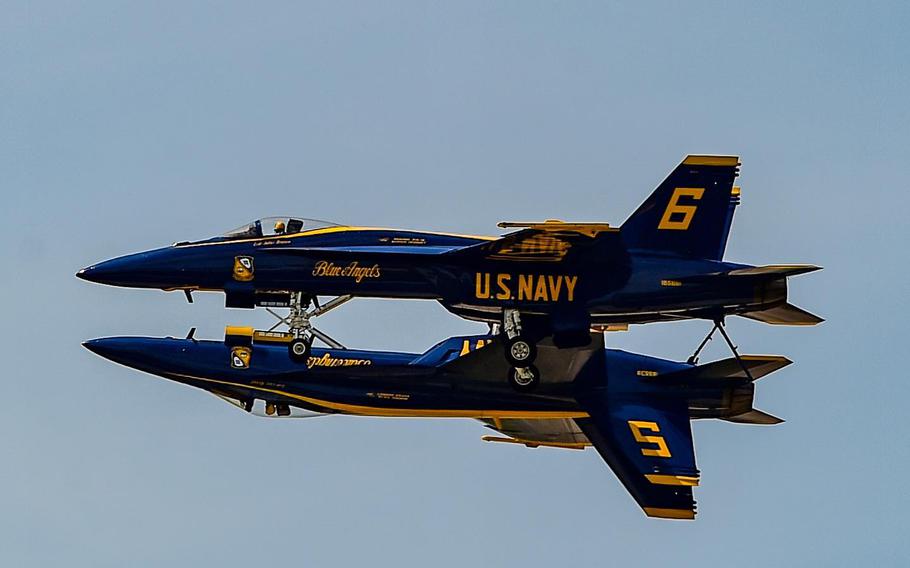 The U.S. Navy Blue Angels perform at the Dayton Air Show on Saturday, July 30, 2022.