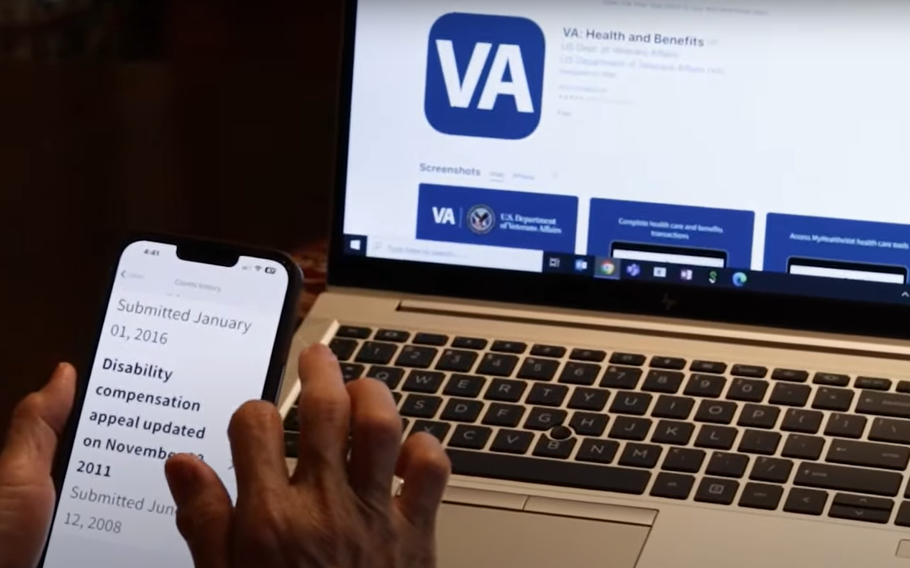 A phone and a laptop showing the VA’s Health and Benefits mobile app