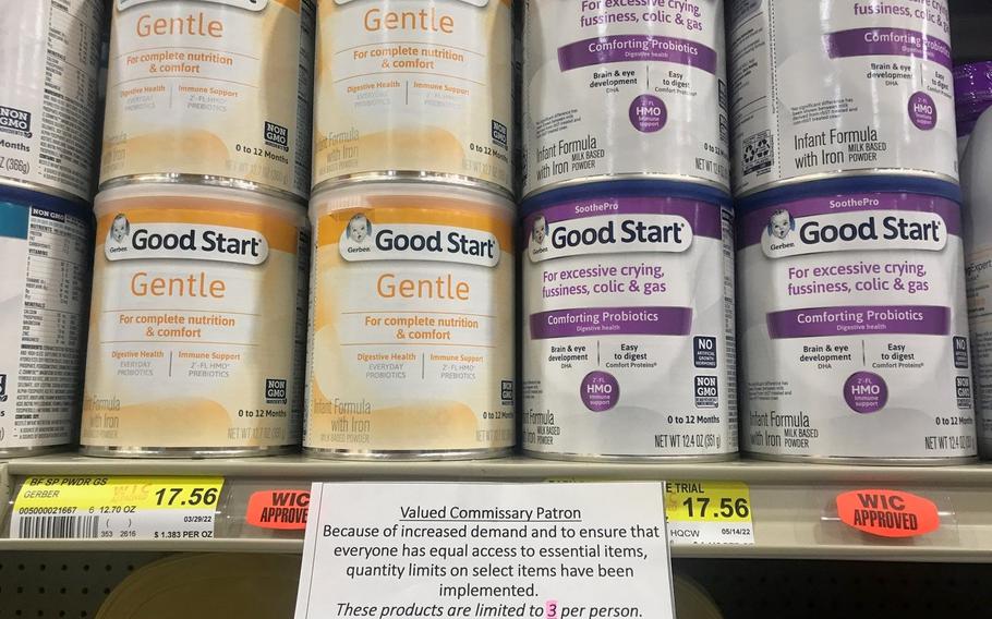 At Marine Corps Air Station Iwakuni, Japan, the commissary shelves were almost fully stocked with baby formula on Tuesday, May 17, 2022, but shoppers were limited to three per customer. 