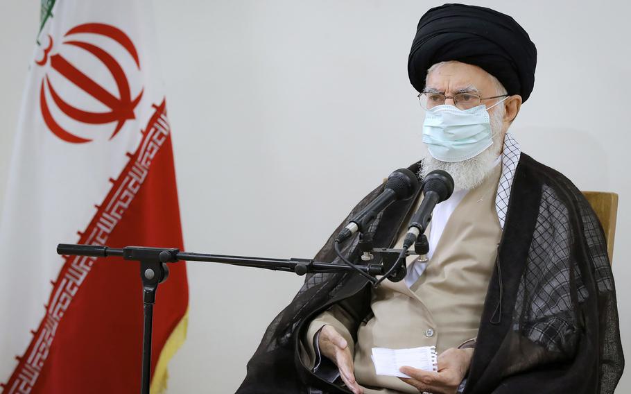 In this photo released by an official website of the office of the Iranian supreme leader, Supreme Leader Ayatollah Ali Khamenei speaks in a meeting in Tehran, Iran, Friday, July 23, 2021. Ayatollah Khamenei on Friday said he understands protesters’ anger over a drought in the country’s southwest, as a fourth death related to ongoing demonstrations there was reported. 