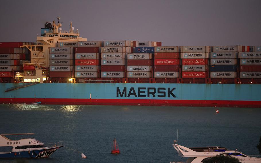 The Maersk Sentosa container ship sails southbound to exit the Suez Canal in Suez, Egypt, on Dec. 21, 2023. A steep decline in the number of tankers entering a vital Red Sea conduit suggests that attacks on ships in the area are further disrupting a key artery of global trade. 