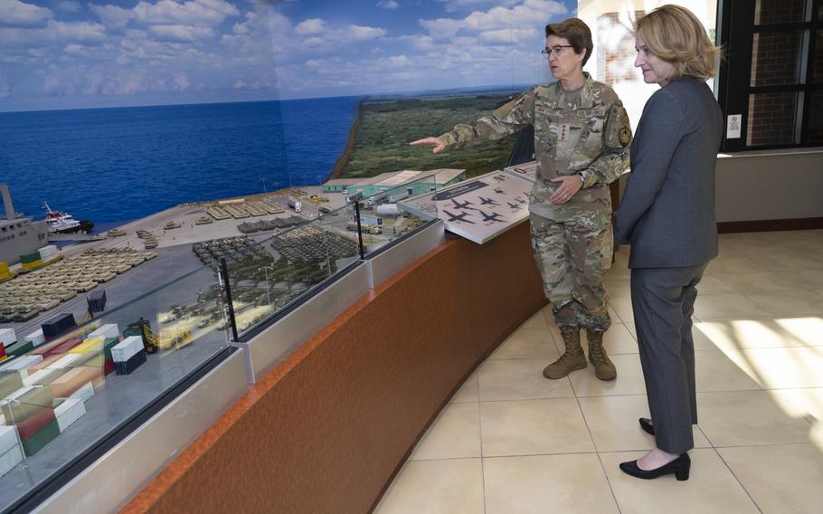 Deputy Defense Secretary Kathleen Hicks meets with Air Force Gen. Jacqueline Van Ovost, the commander of U.S. Transportation Command, on Aug. 18, 2022, at TRANSCOM headquarters at Scott Air Force Base, Ill. 
