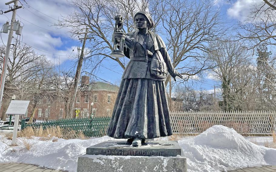 A statue of Harriet Tubman on the plaza of the New York State Equal Rights Heritage Center in Auburn, N.Y. 
