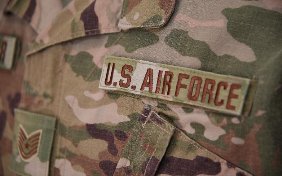 A U.S. Air Force name tape on OCP uniform