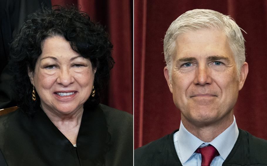 Associate Justices Sonia Sotomayor and Neil Gorsuch. “Reporting that Justice Sotomayor asked Justice Gorsuch to wear a mask as reported on National Public Radio ... “is false,” according to a statement the Supreme Court press information office released on Wednesday, Jan. 19, 2022. 