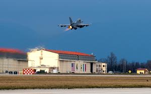 A U.S. Air Force F-16 Fighting Falcon takes off.