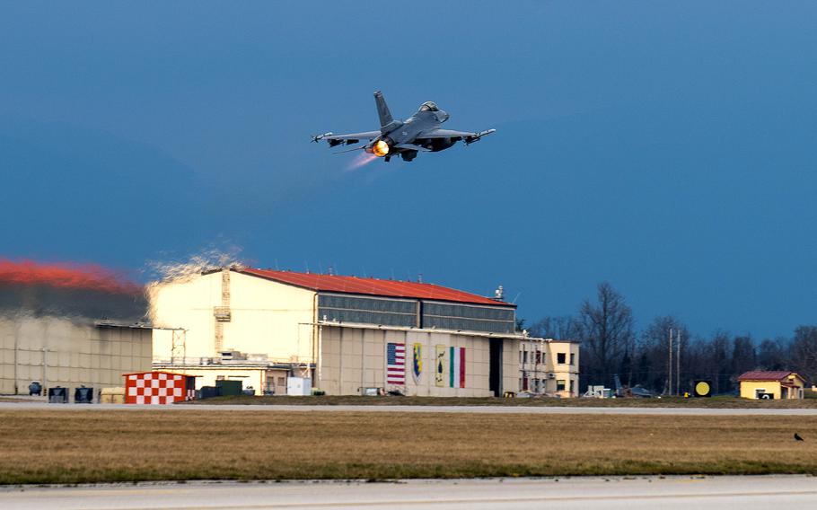 A U.S. Air Force F-16 Fighting Falcon takes off.