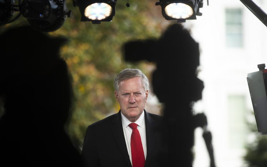 Mark Meadows, the last White House chief of staff under President Donald Trump, does a live interview with Fox News outside the White House in Washington on Oct. 21, 2020. 