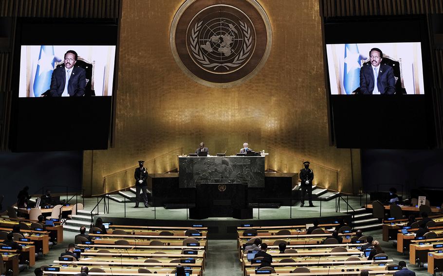 Former Somalian President Mohamed Abdullahi Mohamed Farmajo is seen on a video screen as he addresses the 76th Session of the UN General Assembly on Sept. 21, 2021, at U.N. headquarters. A U.N. humanitarian chief warned Monday, Sept. 5, 2022, that Somalia is in danger of facing severe famine. 