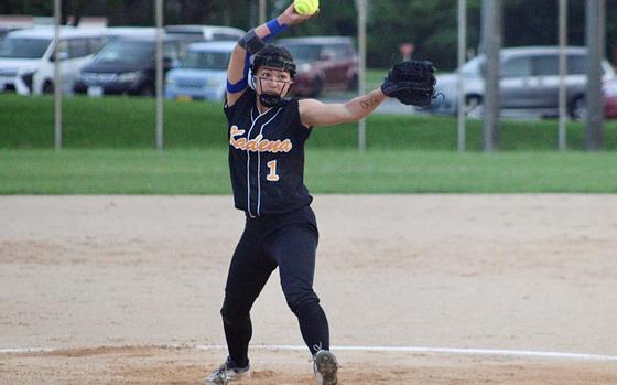 Kadena right-hander Julia Petruff delivers in the championship against Kubasaki. Thought to have been lost for the season with an elbow injury suffered during cheer, Petruff returned to get the wins in both the semifinal and championship, pitching three total games in Far East.