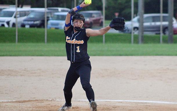 Kadena right-hander Julia Petruff delivers in the championship against Kubasaki. Thought to have been lost for the season with an elbow injury suffered during cheer, Petruff returned to get the wins in both the semifinal and championship, pitching three total games in Far East.