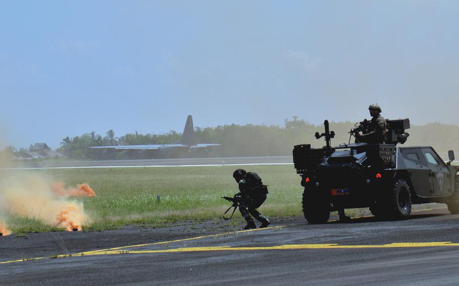 U.S. and Indonesian service members train at Palembang, Indonesia, during the Super Garuda Shield exercise on Aug. 9, 2022. 