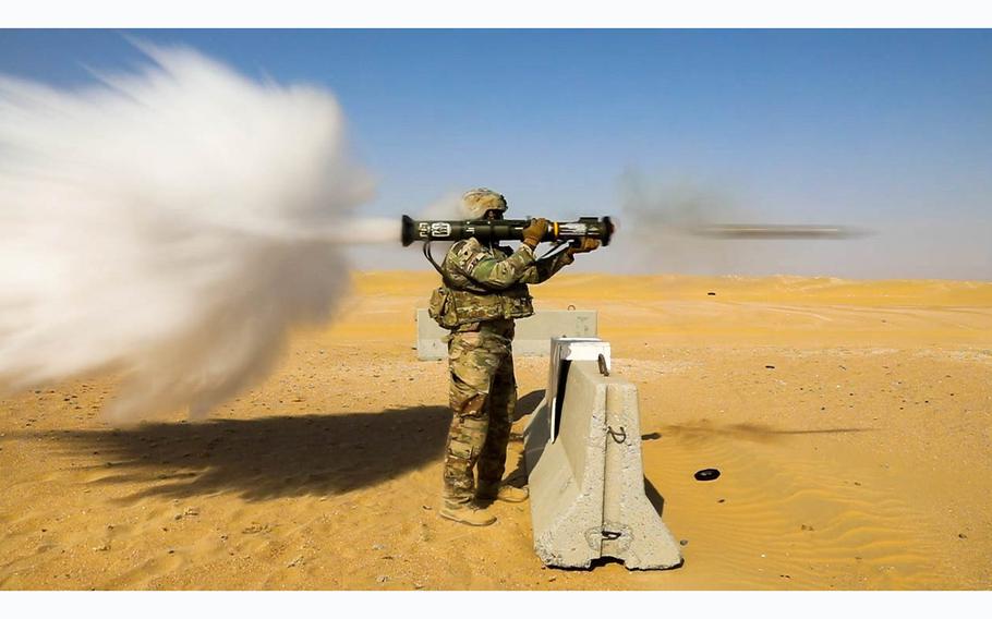 A soldier assigned to Company A, 1st Battalion, 153rd Infantry Regiment launches the shoulder-fired anti-tank missile during training at the Udairi Range Complex near Camp Buehring, Kuwait, on Sept. 27, 2023.