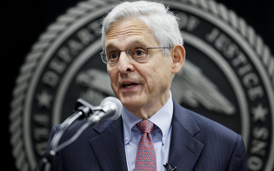 Attorney General Merrick Garland speaks during an event to swear in the new director of the federal Bureau of Prisons Colette Peters at BOP headquarters in Washington, Tuesday, Aug. 2, 2022. The Justice Department is suing Idaho, arguing that its new abortion law violates federal law because it does not allow doctors to provide medically necessary treatment, Garland said Tuesday.