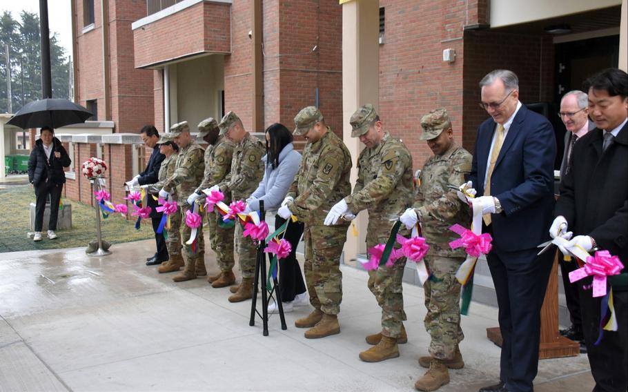 A new 90-unit housing tower opens at Camp Walker, South Korea, on Feb. 29, 2024.