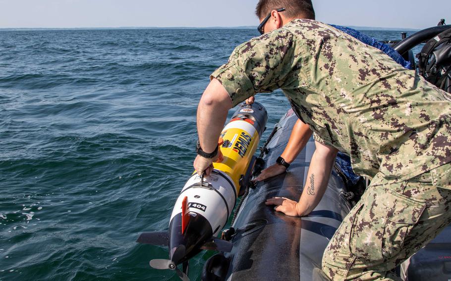 Sailors and Marines, seen here in an undated file photo, experiment with an unmanned underwater vehicle during BALTOPS 23. The multinational exercise, led by U.S. Naval Forces Europe-Africa, allows navies to test new technology.