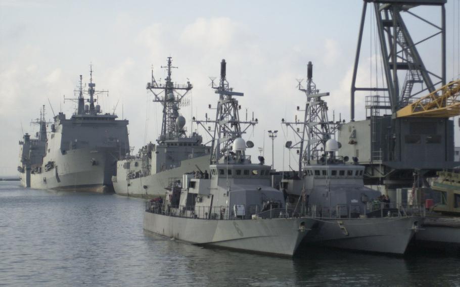 Patrol boats USS Typhoon and USS Sirocco moored in Naval Station Rota, Spain, May 14, 2004, before leaving for the Persian Gulf.