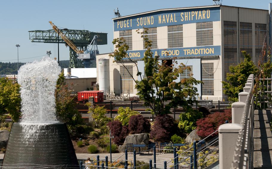 The Puget Sound Naval Shipyard and Intermediate Maintenance Facility in Bremerton, Wash. The Navy said Thursday, April 17, 2024, that its four shipyards would get a “C+” if graded on their ability to repair ships damaged in a sustained military conflict. 