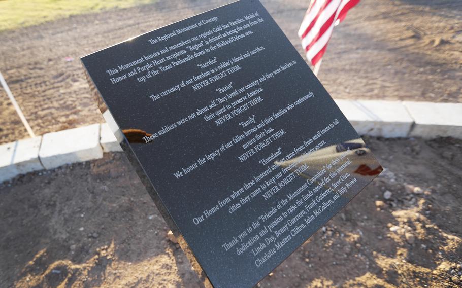 Gold Star families and members of the community held an informal gathering at the new Monument of Courage, next to the Lubbock Area Veterans War Memorial, built to honor 12 West Texas Medal of Honor recipients. The event included a toast to their service and a permanent tribute to their sacrifice, Thursday evening, June 25, 2020. The granite monument was installed earlier in the day Thursday at Henry Huneke Park at 84th and Nashville Avenue.